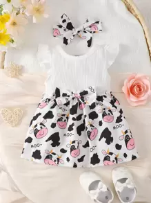 Bebé Vestido con estampado de vaca ribete con fruncido con lazo delantero - Blanco - Ver 1