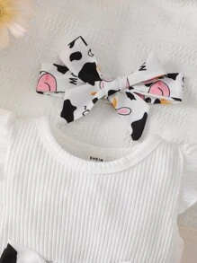 Bebé Vestido con estampado de vaca ribete con fruncido con lazo delantero - Blanco - Ver 3