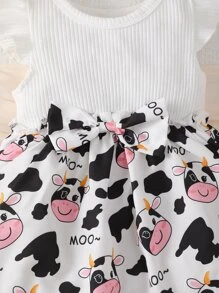 Bebé Vestido con estampado de vaca ribete con fruncido con lazo delantero - Blanco - Ver 4