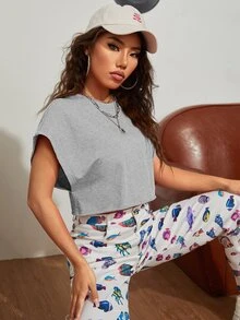 SHEIN EZwear Batwing Sleeve Solid Crop Tee - Grey - View 3