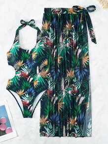 SHEIN Swim Tropical Print Cut Out Halter One Piece Swimsuit With Beach Skirt,Summer Beach - Multicolor - View 3