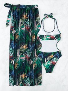 SHEIN Swim Tropical Print Cut Out Halter One Piece Swimsuit With Beach Skirt,Summer Beach - Multicolor - View 4