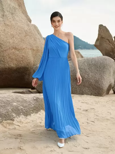 SHEIN Belle One Shoulder Split Sleeve Pleated Hem Bridesmaid Dress