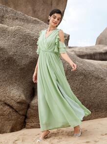 SHEIN Belle 1入組挖肩荷葉邊伴娘洋裝 - 薄荷綠 - 查看 2