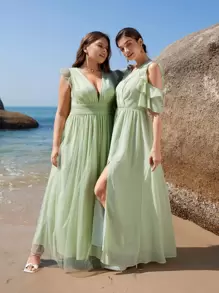 SHEIN Belle 1入組挖肩荷葉邊伴娘洋裝 - 薄荷綠 - 查看 8