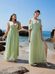 SHEIN Belle 1入組挖肩荷葉邊伴娘洋裝 - 薄荷綠 - 查看 10