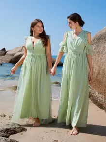 SHEIN Belle 1入組挖肩荷葉邊伴娘洋裝 - 薄荷綠 - 查看 4