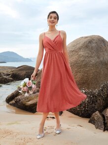 SHEIN Belle Wrap Front Glitter Cami Bridesmaid Dress - Coral Orange - View 5
