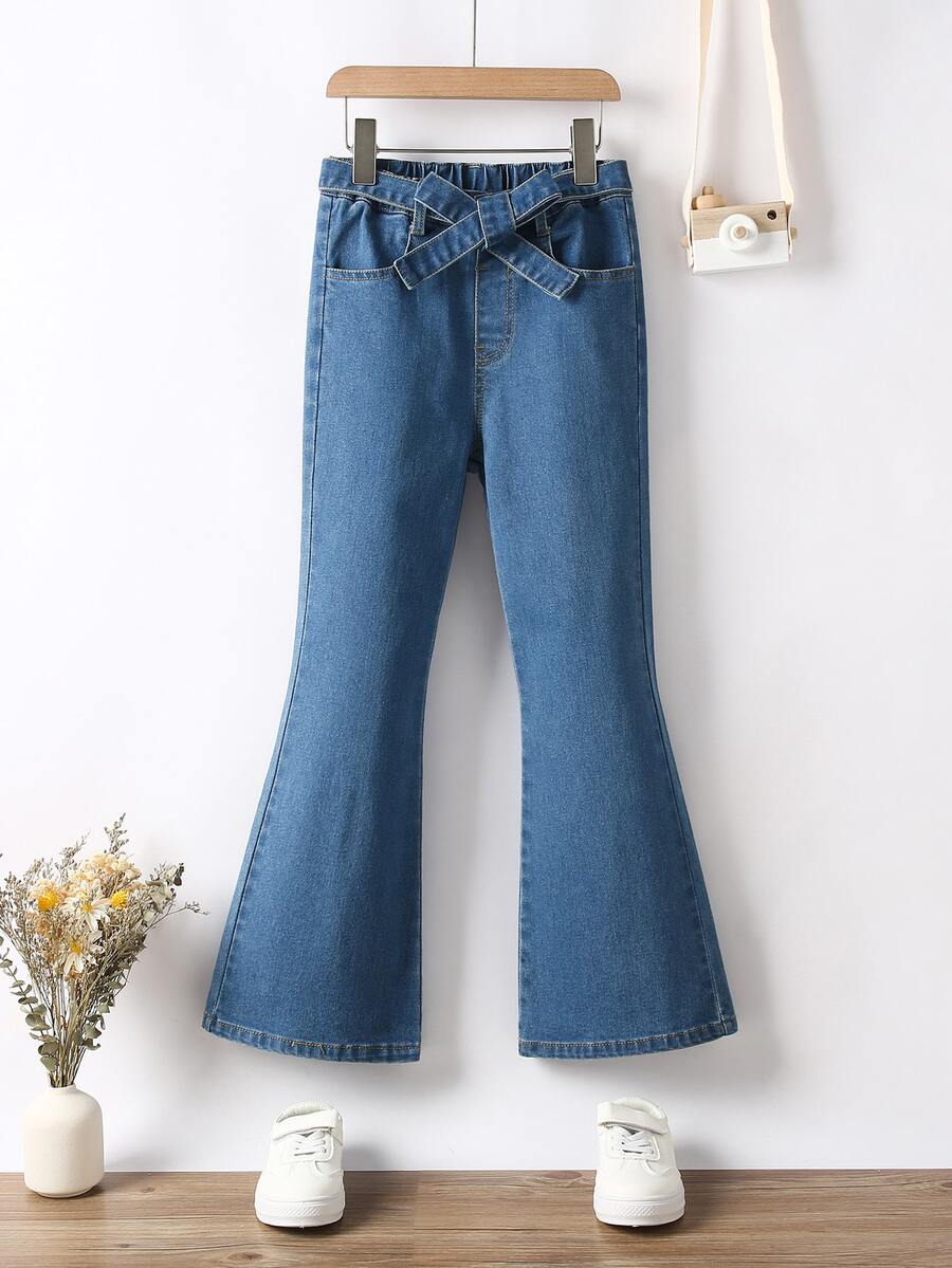 Girls Belted Flare Leg Jeans - Dark Wash - View 1