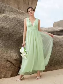 SHEIN Belle 1入組深V領胸部褶皺網紗覆蓋伴娘連衣裙 - 青檸色 - 查看 6