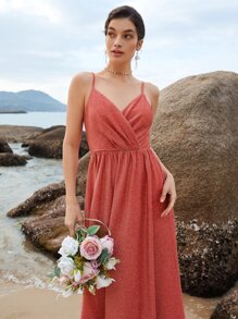 SHEIN Belle Wrap Front Glitter Cami Bridesmaid Dress - Coral Orange - View 2