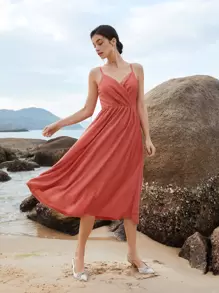 SHEIN Belle Wrap Front Glitter Cami Bridesmaid Dress - Coral Orange - View 1