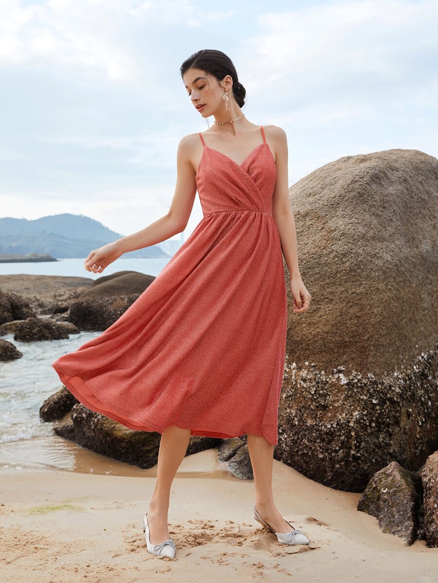 SHEIN Belle Wrap Front Glitter Cami Bridesmaid Dress - Coral Orange - View 1