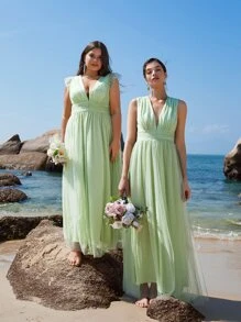 SHEIN Belle 1入組深V領胸部褶皺網紗覆蓋伴娘連衣裙 - 青檸色 - 查看 2