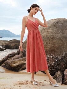 SHEIN Belle Wrap Front Glitter Cami Bridesmaid Dress - Coral Orange - View 6