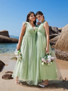 SHEIN Belle 1入組深V領胸部褶皺網紗覆蓋伴娘連衣裙 - 青檸色 - 查看 8