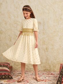 SHEIN 十幾歲女孩 1件金點印花泡泡袖連衣裙 - 米色 - 查看 2