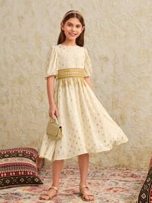 SHEIN 十幾歲女孩 1件金點印花泡泡袖連衣裙 - 米色 - 查看 4