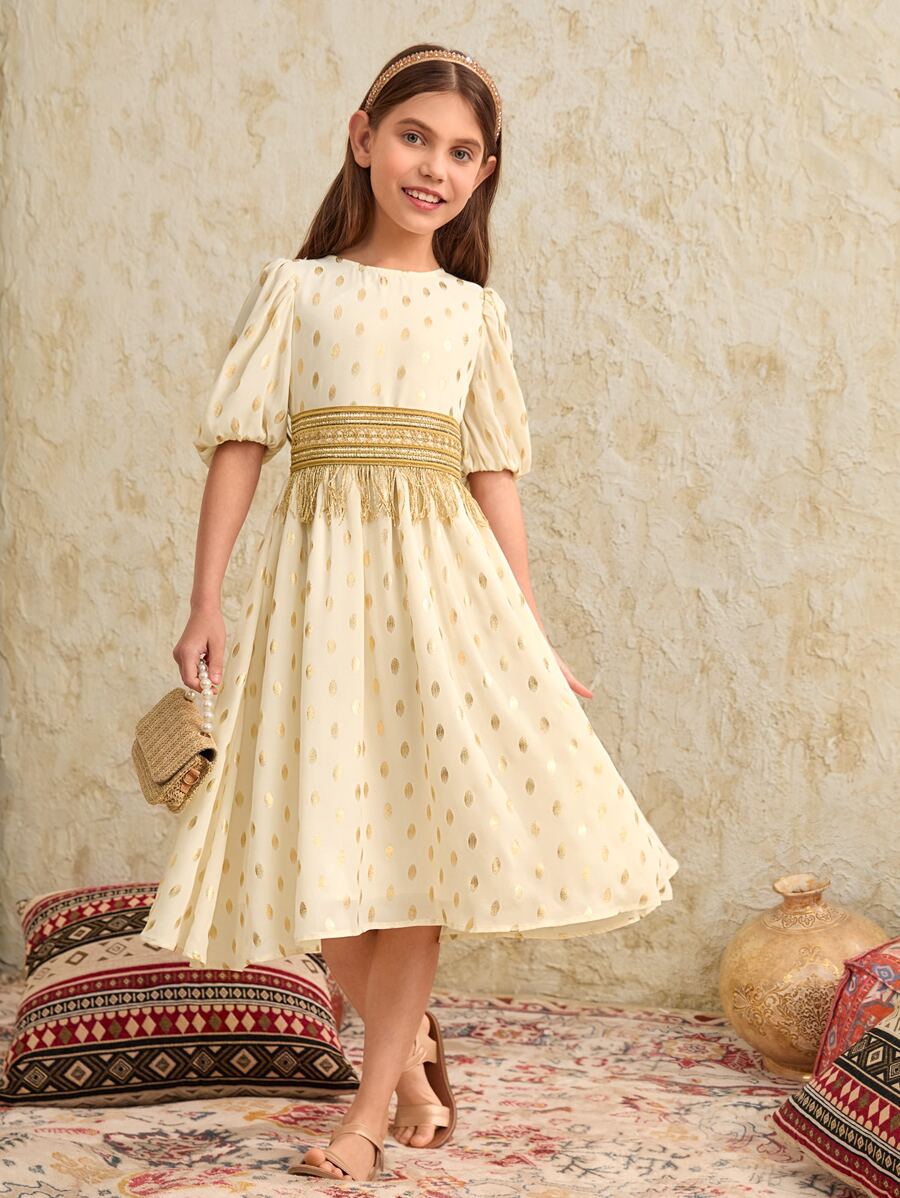 SHEIN 十幾歲女孩 1件金點印花泡泡袖連衣裙 - 米色 - 查看 1
