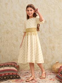 SHEIN 十幾歲女孩 1件金點印花泡泡袖連衣裙 - 米色 - 查看 5