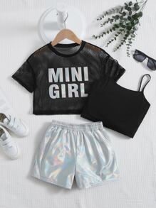 SHEIN 女孩吊帶上衣和字母圖案網紗上衣和鐳射短褲 - 彩色 - 查看 1