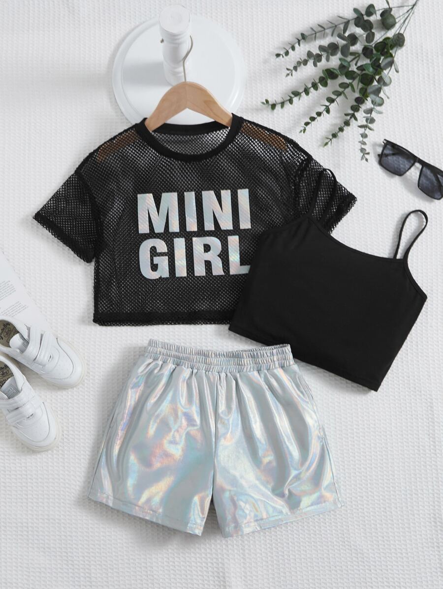 SHEIN 女孩吊帶上衣和字母圖案網紗上衣和鐳射短褲 - 彩色 - 查看 1