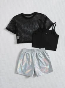 SHEIN 女孩吊帶上衣和字母圖案網紗上衣和鐳射短褲 - 彩色 - 查看 2