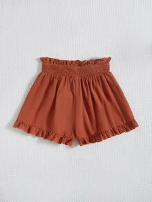 SHEIN Chicas Shorts de cintura con volante bajo con fruncido - Óxido marrón - Ver 2