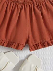 SHEIN Chicas Shorts de cintura con volante bajo con fruncido - Óxido marrón - Ver 3