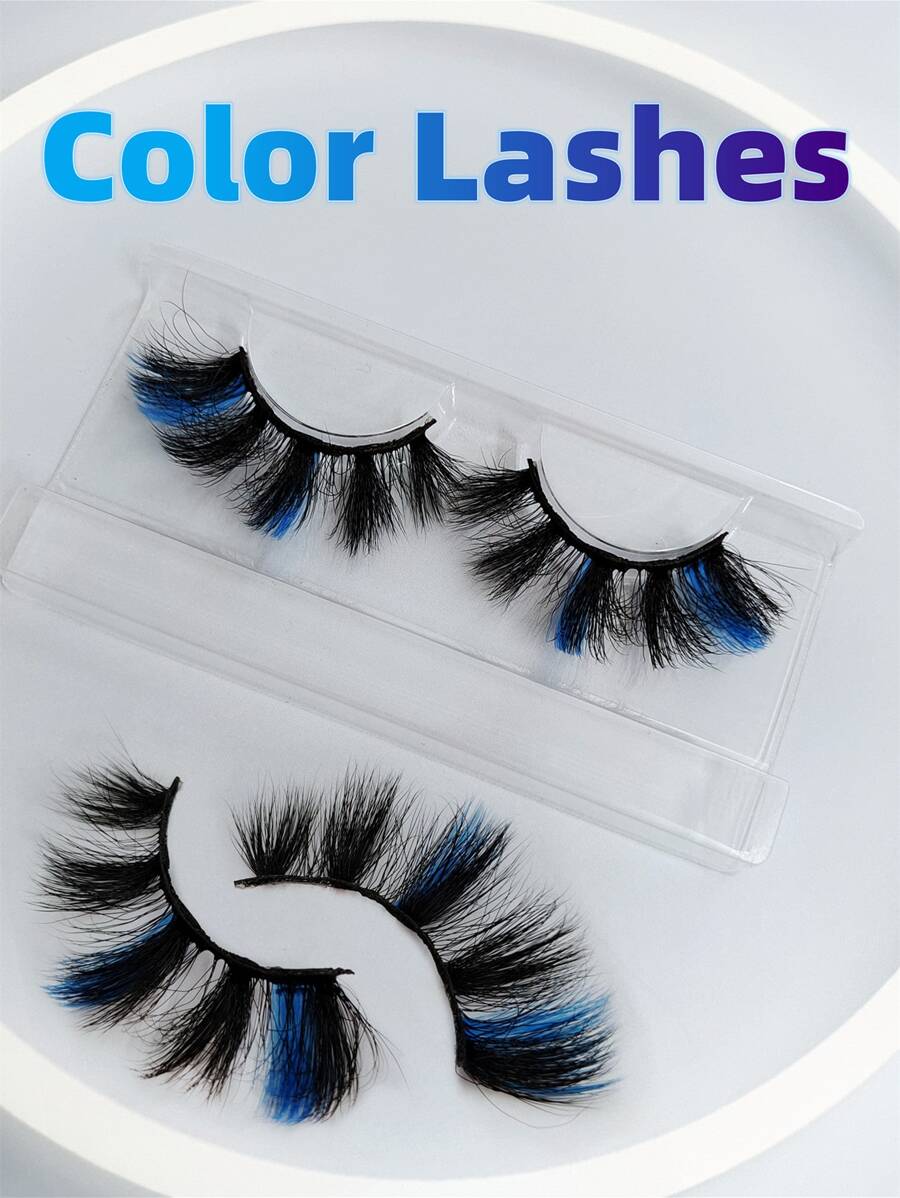 1 Pair Colored False Eyelashes, Blue, 25mm, Thick & Soft, Reusable, Suitable For Holidays And Party Makeup - Multicolor - View 1