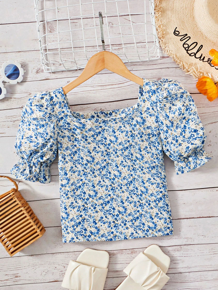 SHEIN 女孩碎花泡泡袖襯衫 - 彩色 - 查看 1