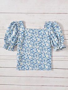 SHEIN 女孩碎花泡泡袖襯衫 - 彩色 - 查看 2