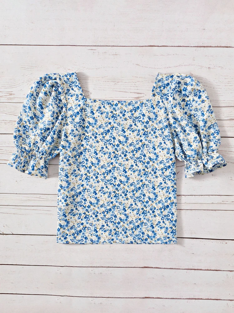 SHEIN Girls Ditsy Floral Print Puff Sleeve Blouse - Multicolor - View 2