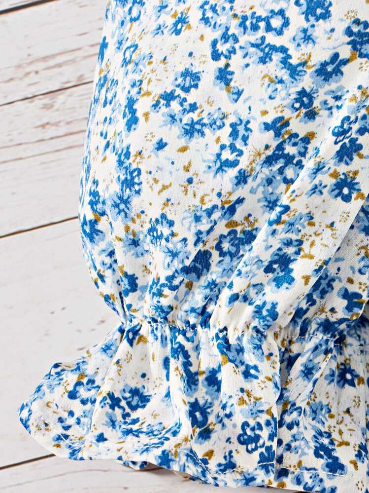 SHEIN Girls Ditsy Floral Print Puff Sleeve Blouse - Multicolor - View 4