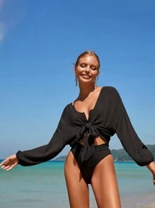 SHEIN Swim Solid Knot Cover Up Top,Summer Beach