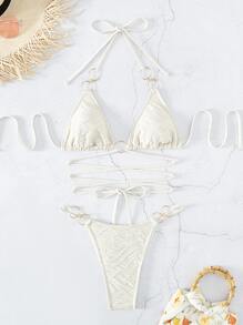 Bộ Bikini đi biển mùa hè có dây buộc dây hình tam giác - Màu be - Xem 5
