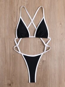 Swim SXY 撞色滾邊交叉連體泳衣 - 黑與白 - 查看 4