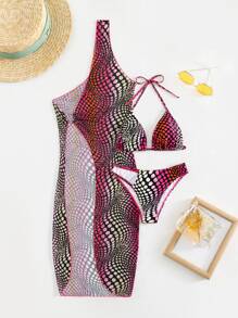 圓點露背三角型夏季沙灘比基尼套裝，配有遮陽衣 - 彩色 - 查看 5