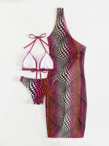 圓點露背三角型夏季沙灘比基尼套裝，配有遮陽衣 - 彩色 - 查看 4