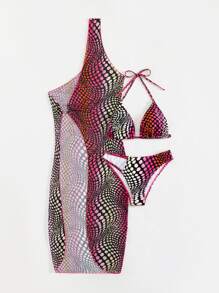 圓點露背三角型夏季沙灘比基尼套裝，配有遮陽衣 - 彩色 - 查看 3