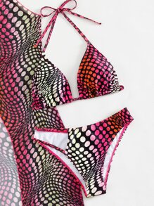 圓點露背三角型夏季沙灘比基尼套裝，配有遮陽衣 - 彩色 - 查看 7