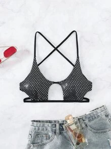 Contrast Sequin Cut Out Criss Cross Backless Bikini Top - Black - View 7