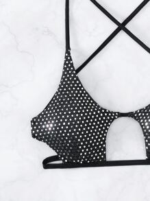 Contrast Sequin Cut Out Criss Cross Backless Bikini Top - Black - View 4