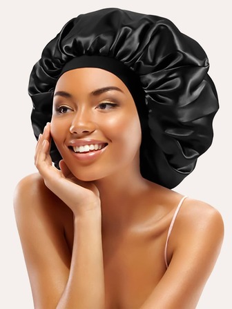 1入女士純色雙層緞面和彈性纖維睡眠帽，帶有彈性帶和扣子的可調節舒適帽，時尚柔軟透氣的每日發型和護髮帽