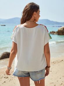 SHEIN Clasi Plus Contrast Crochet Notched Neck Batwing Sleeve Blouse - White - View 2