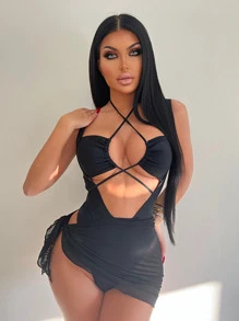 Swim SXY 鏤空十字交叉後背繫帶吊脖連體泳衣附沙灘裙 - 黑色 - 查看 3