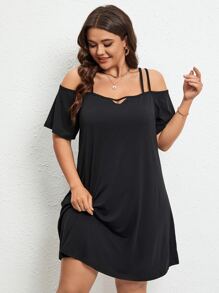 SHEIN Holidaya 大碼挖肩T恤連衣裙 - 黑色 - 查看 4