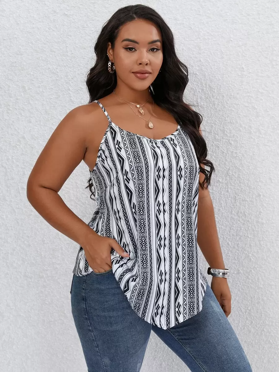 SHEIN LUNE 大碼幾何印花吊帶上衣 - 白色 - 查看 1