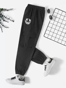 SHEIN 男孩卡通圖案翻蓋口袋工裝褲