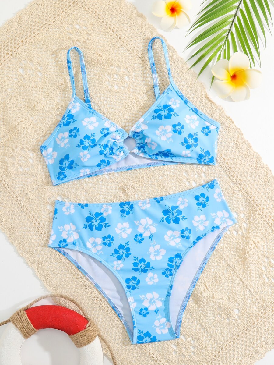SHEIN Teen Girls Floral Print Ring Linked Bikini Set Summer Beach - Blue - View 1